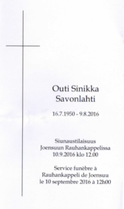 "Missal" of Outi Savonlahti funeral 